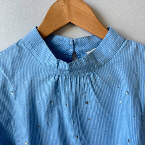 NWT Loft Blue White Striped Short Puff Sleeve Blouse Glitter Dots Cottagecore - Picture 3 of 15